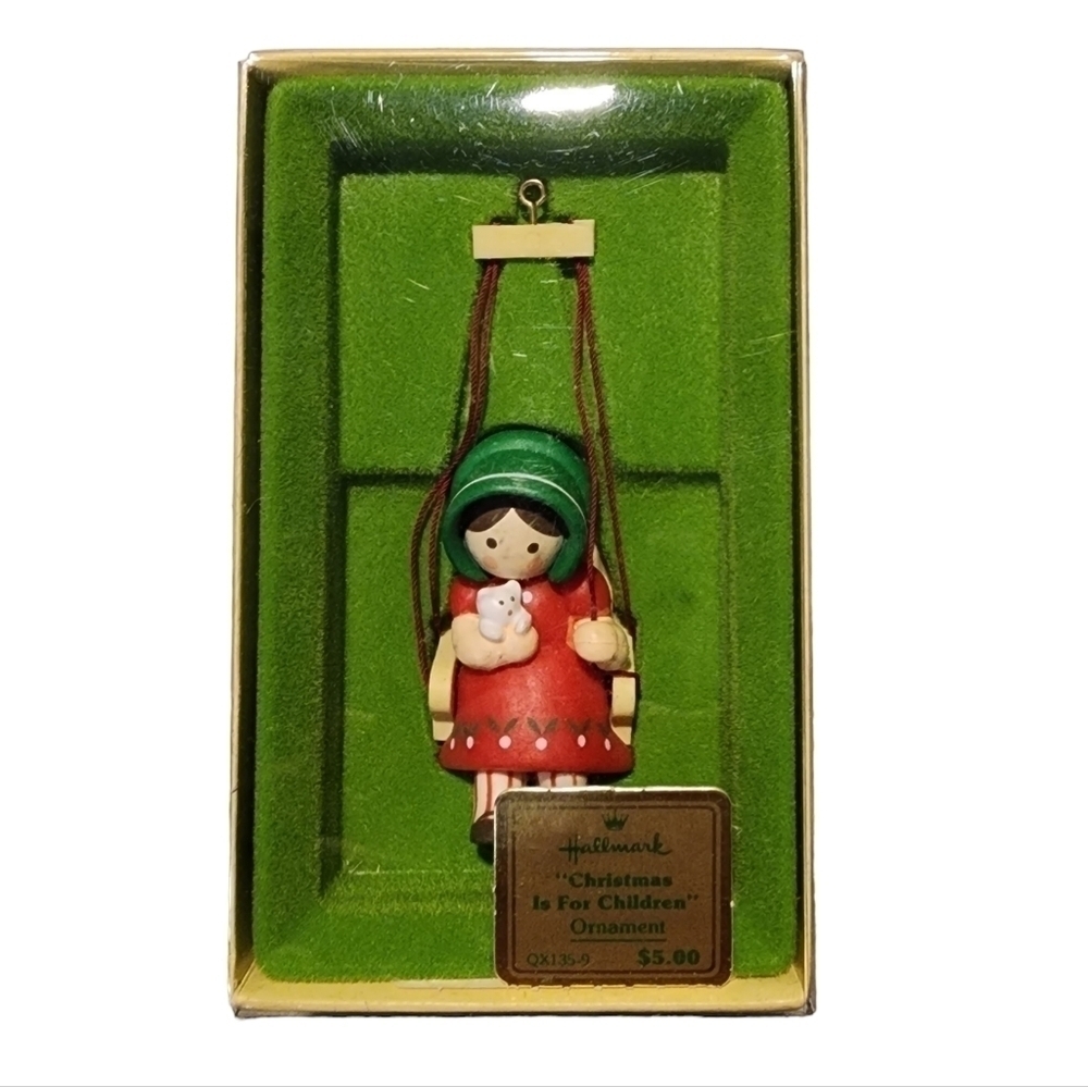 Vtg Hallmark Christmas is for Children Ornament 1979 Girl Swinging with kitten